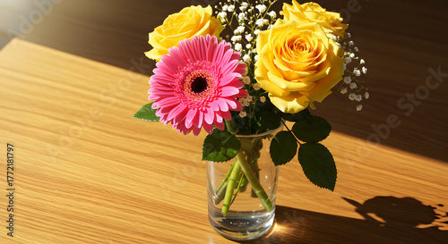Wallpaper Mural Vibrant Bouquet — Pink Gerbera and Yellow Roses Torontodigital.ca