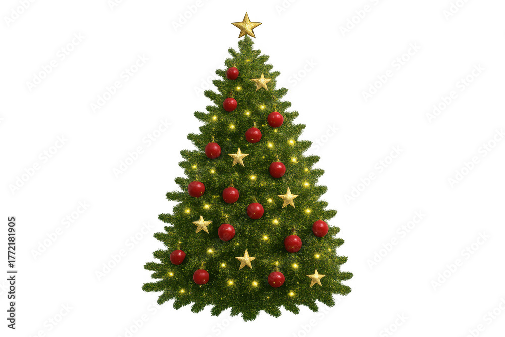Fototapeta premium Christmas tree featuring festive decorations like warm string lights, red ornaments, and gold stars, bringing holiday joy
