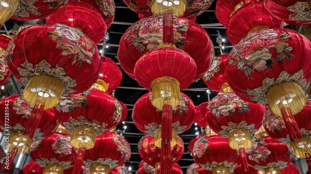 Naklejka premium Vibrant lantern festival celebration urban setting decorative lighting cultural event aerial view tradition and festivity