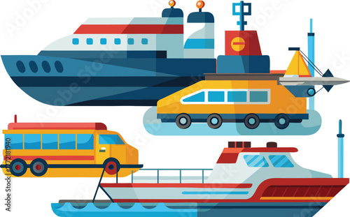 Modern colorful travel boats and bus illustration perfect for educational projects or vibrant nautical themed designs, ideal for children's books