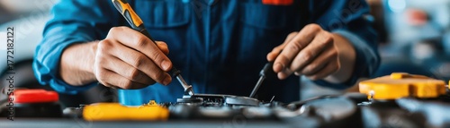 Skilled technician assembling electronic components on circuit board in workshop with tools and equipment for hardware device repair or manufactu