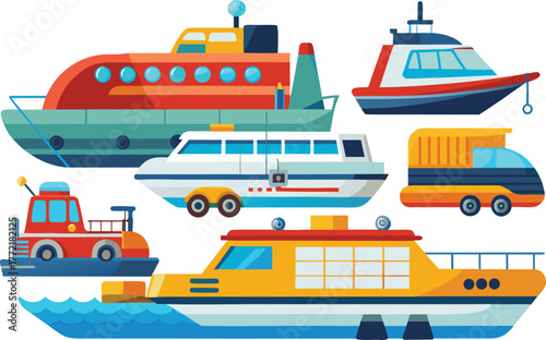 Colorful fleet of boats and ferries for summer travel brochures and nautical themed designs, perfect for kids' activity books and educational materials