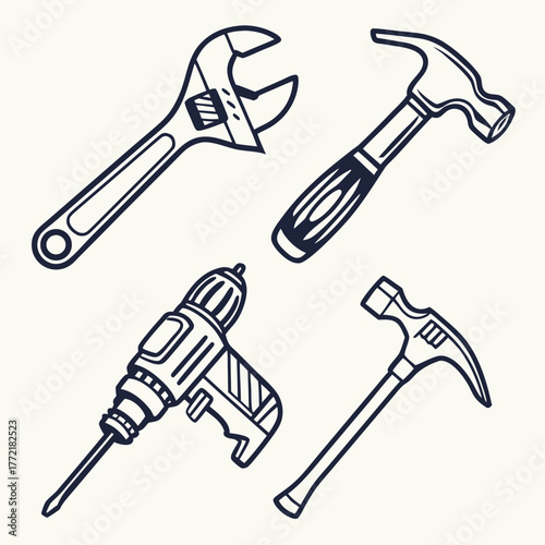 A collection of hand drawn outline illustrations of common tools including an adjustable wrench a claw hammer a drill and a ball peen hammer on a plain background