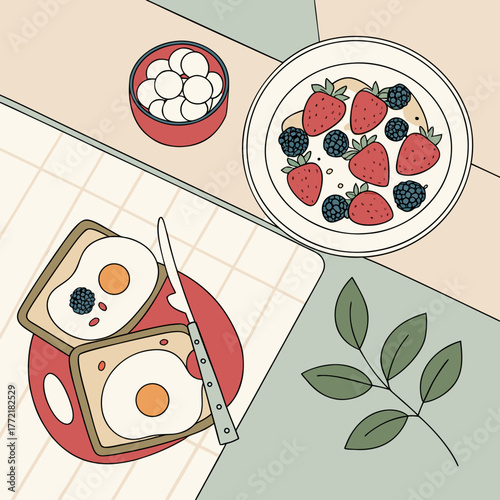 A delightful and healthy breakfast spread featuring fried eggs on toast with berries a bowl of fresh fruit and a decorative sprig of leaves presented in a charming flat lay illustration