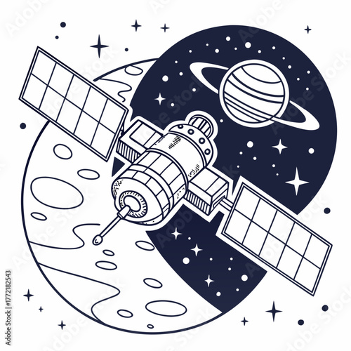 A detailed line art illustration of a satellite orbiting a planet with rings and a moon in the background against a starry night sky