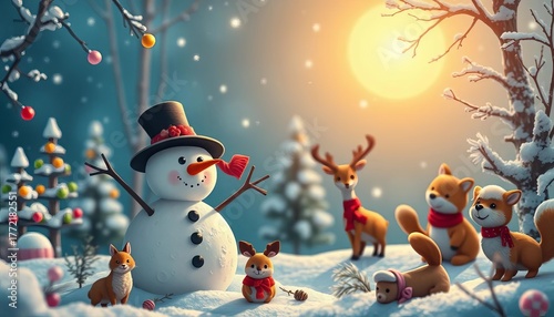 A whimsical winter scene featuring a snowman and festive woodland creatures,  cute,  celebration