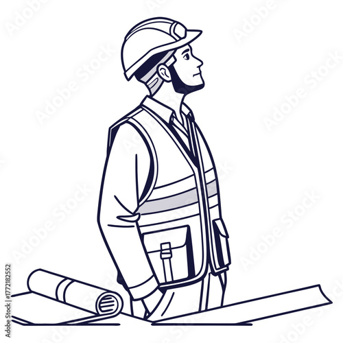 A determined construction worker wearing a hard hat and safety vest stands looking upwards with blueprints spread out on a table planning future projects and development