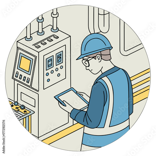 A diligent factory worker wearing a hard hat and safety vest meticulously inspects a control panel while holding a tablet device in a modern industrial setting