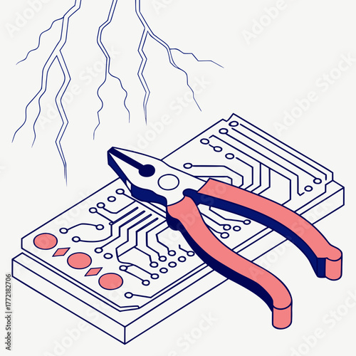 A pair of pliers rests on a circuit board with stylized lightning bolts overhead symbolizing electrical repair or innovation in technology