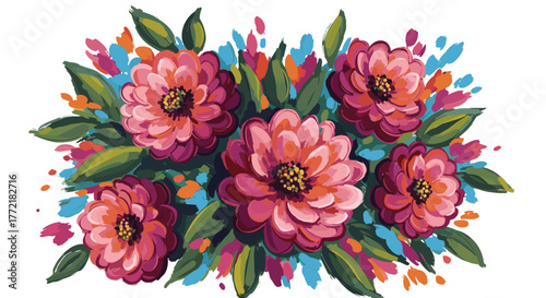 Colorful hand-painted floral arrangement featuring vibrant pink and fuchsia blooms, lush green foliage, and energetic abstract accents.