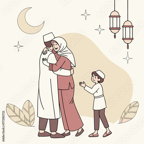 A muslim family embraces warmly under a crescent moon and festive lanterns celebrating a joyous occasion like eid or ramadan with their young son looking on with happiness and anticipation