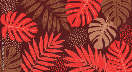 Abstract tropical pattern featuring lush monstera and palm leaves in warm red and earthy brown hues on a dark background with decorative dots.