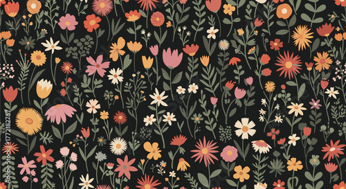 A whimsical and colorful seamless pattern of various wild flowers and botanical elements on a dark background, perfect for textiles or digital designs.