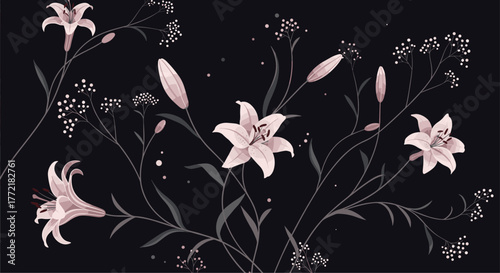 Elegant seamless pattern with delicate pink lilies, flower buds, and sprigs of small white blossoms on a dark blue background.