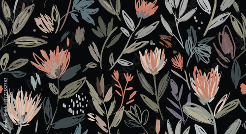 Abstract floral pattern with hand-drawn flowers and leaves on a dark background, showcasing a modern artistic botanical design.