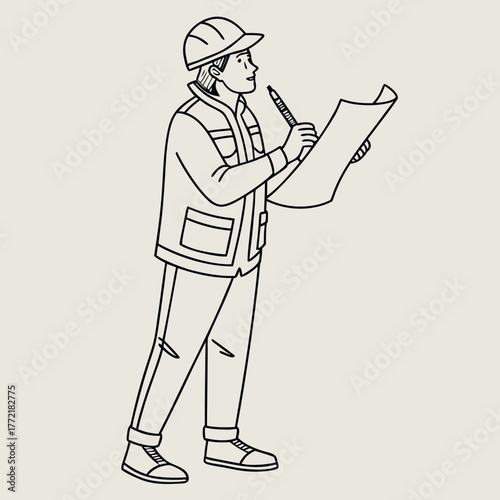 A smiling construction worker wearing a hard hat and safety vest holds a blueprint and pen contemplating a project plan on a plain background