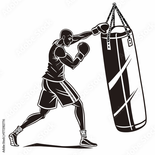 A powerful silhouette of a bald boxer training intensely by punching a heavy hanging punching bag with focused determination and athletic prowess in a dynamic pose