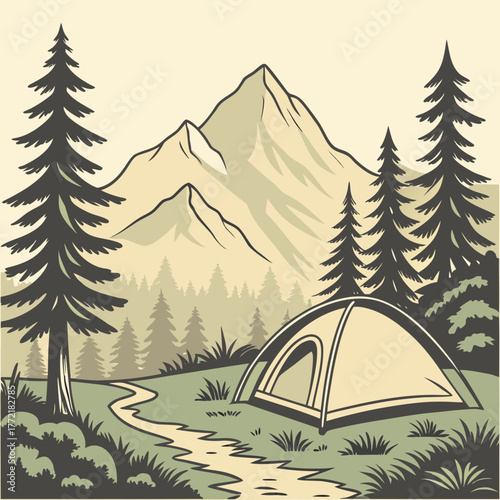 A serene mountain landscape illustration featuring a camping tent set up in a grassy clearing beside a winding stream with pine trees and majestic peaks in the background