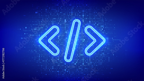 Programming code icon made of binary code. Source code. Coding brackets symbolizing software engineering, coding, or hacking. Digital code background with 0s and 1s. Vector illustration.