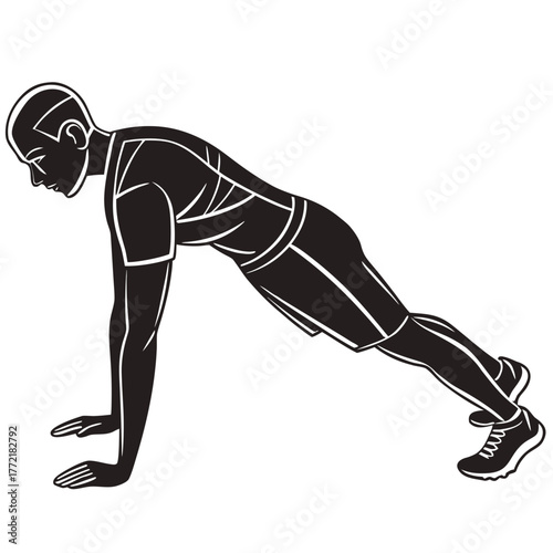 A stylized black and white silhouette of a man performing a push up exercise demonstrating strength and fitness in a dynamic pose