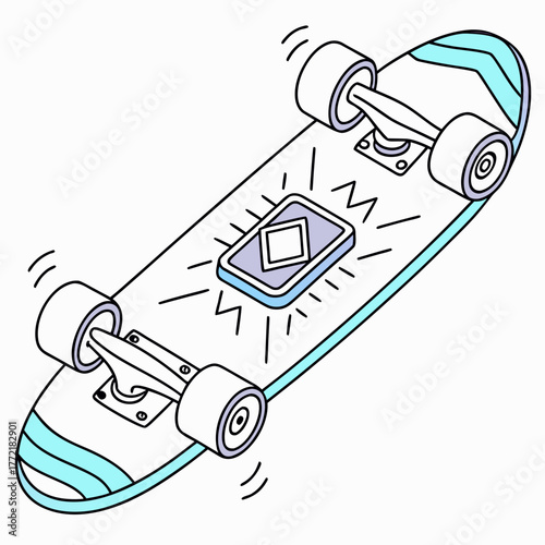 A vibrant cartoon style illustration of a longboard skateboard with a stylized diamond emblem on its deck conveying a sense of energy and movement