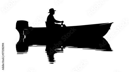 Fisherman in boat with outboard motor with transparent background
