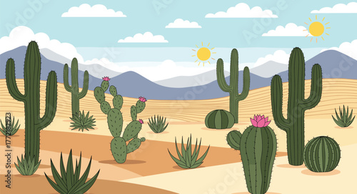 A vibrant cartoon illustration of a desert landscape featuring various cacti, blooming succulents, and distant mountains under a sunny sky.