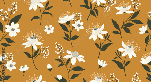 Seamless pattern of elegant white flowers with green leaves and tiny berries on a warm mustard yellow background for textiles or wallpaper.