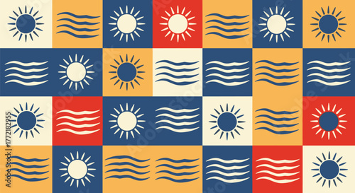 Vibrant graphic pattern featuring alternating sun and wave symbols on a colorful checkerboard grid with warm and cool tones, evoking a summer theme.
