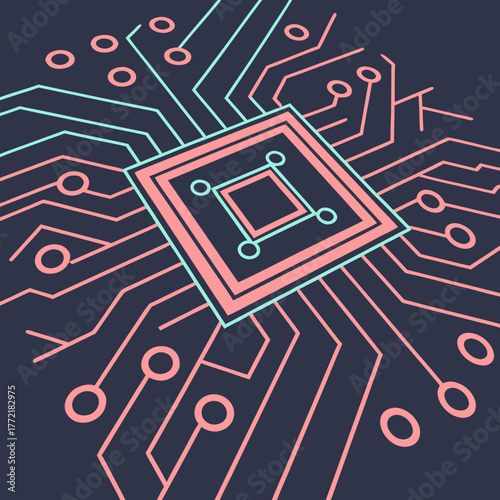Abstract digital circuit board with a central square processor chip and radiating lines representing data flow and connectivity in a modern technological design