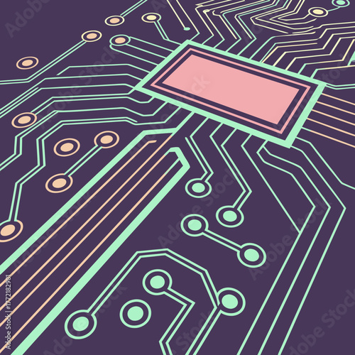Abstract digital circuit board illustration with a central pink processor chip surrounded by glowing green and orange lines and circles on a dark purple background