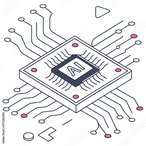 Abstract isometric illustration of a central processing unit chip with the letters ai prominently displayed symbolizing artificial intelligence and advanced technology