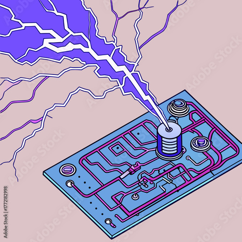 Abstract illustration of a futuristic electrical circuit board with a powerful purple lightning bolt emanating from a central cylindrical component symbolizing energy and innovation