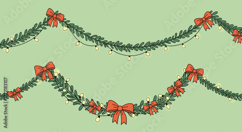 Hand-drawn illustration of festive Christmas garlands with green foliage, glowing lights, and red bows on a pale green background.