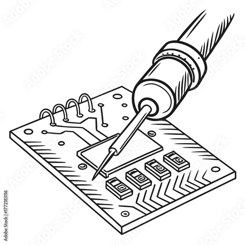 Close up illustration of a soldering iron tip touching a circuit board with surface mount components and traces during electronics repair or assembly
