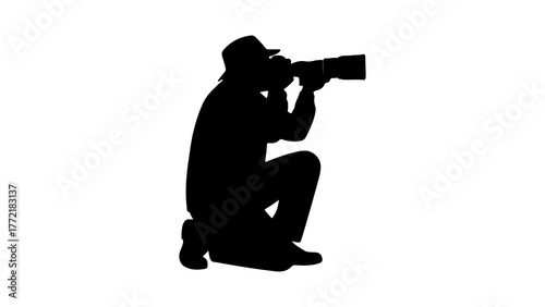 Photographer kneeling with camera with transparent background