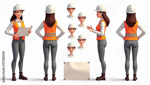 Female engineer in hard hat in multiple poses with blueprints and faces