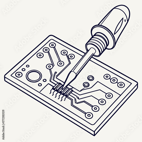 Close up isometric view of a soldering iron tip connecting to a microchip on a printed circuit board with intricate pathways and connection points