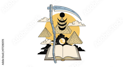 Mystical illustration with ancient pyramids, celestial moons, a scythe, and an open book, symbolizing wisdom, time, and hidden esoteric knowledge.