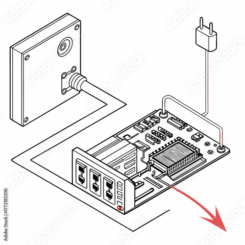 Diagram illustrating the connection of a power adapter to a circuit board with multiple ports and a red arrow indicating a direction of flow or action