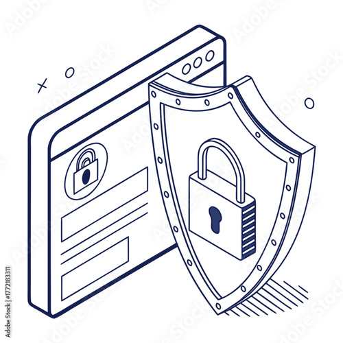 Digital security concept illustration featuring an isometric view of a web browser interface protected by a shield and padlock icon symbolizing data privacy and online safety