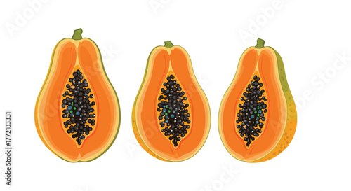 Three vibrant halved papayas showcasing their bright orange flesh and numerous black seeds against a clean white background.