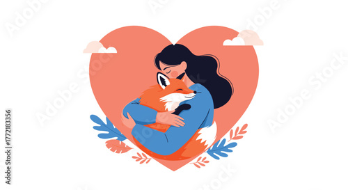A compassionate woman lovingly embraces an adorable fox, highlighting themes of animal care, companionship, and the beautiful human-animal bond.