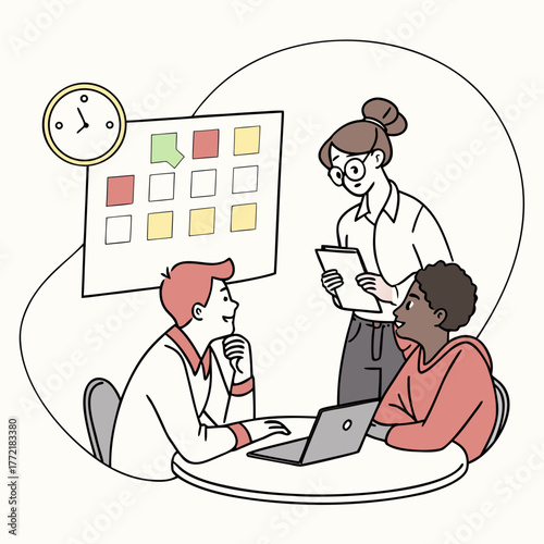Diverse team collaborating around a table with a laptop and a kanban board discussing tasks and projects with a clock indicating time management