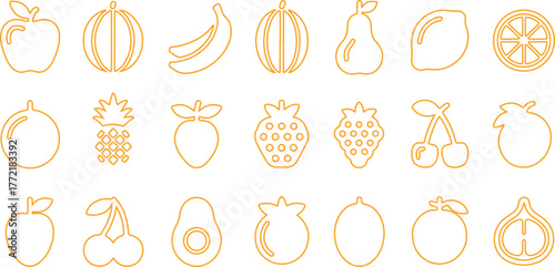 Fruits line icon set. Vector pictograms of banana, orange, strawberry, grapes, pineapple, mango, blueberry, raspberry, lime, kiwi, papaya, pomegranate, coconut, thin linear illustration