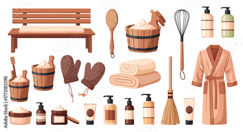 Collection of traditional sauna and modern spa accessories for hygiene, relaxation, and self-care routines.