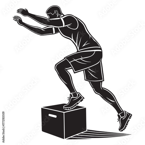 Dynamic silhouette of a fit man performing a box jump exercise showcasing strength agility and athletic training for a healthy lifestyle