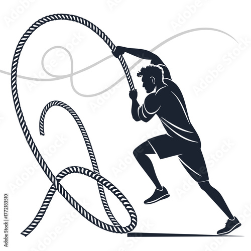 Dynamic silhouette of a fit man performing battle rope exercises showcasing strength power and intense athletic training for a full body workout