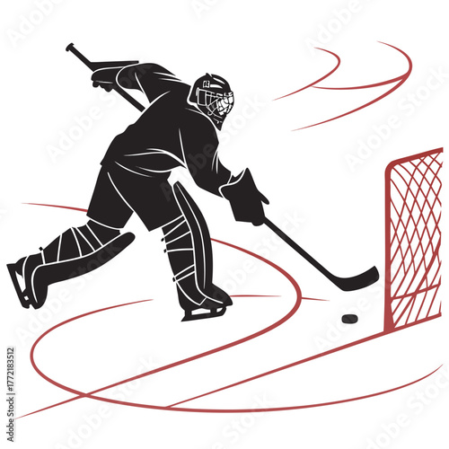 Dynamic silhouette of a hockey goalie in action poised to make a save in front of the net with a puck nearby on the ice rink
