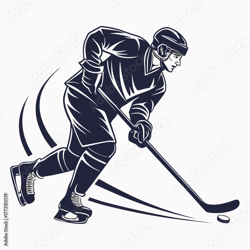 Dynamic silhouette of a hockey player in action skating fast and controlling the puck with a stick depicted in a bold graphic style with motion lines